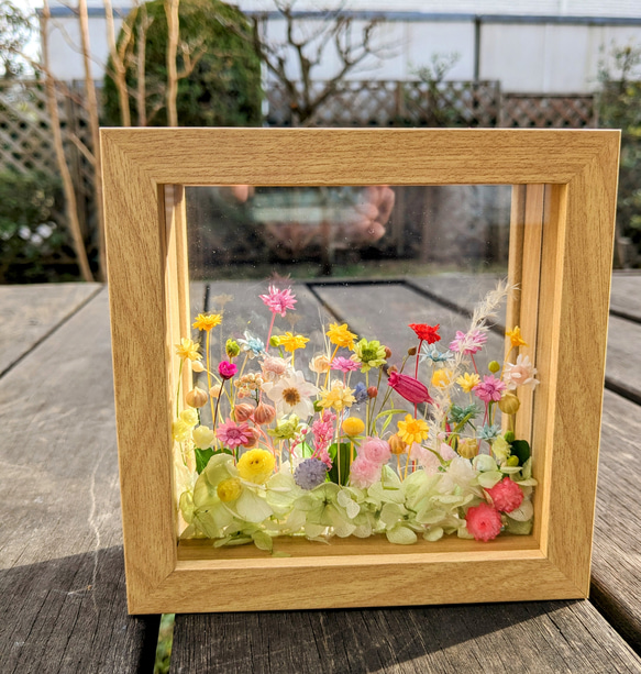 プリザーブドフラワーで作る『お花畑の箱庭』         ガラスフレーム（M） 父の日の贈り物にもいかがでしょうか 1枚目の画像