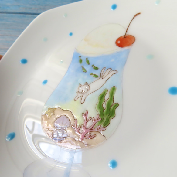 猫ちゃんと海のクリームソーダ　手描きのプレート 4枚目の画像
