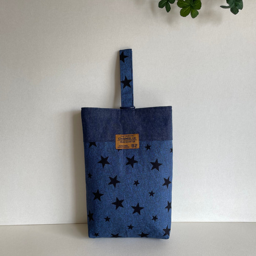 サイズオーダー可】上履き入れ デニム風ネイビー 星柄 刺繍タグ 上履き 
