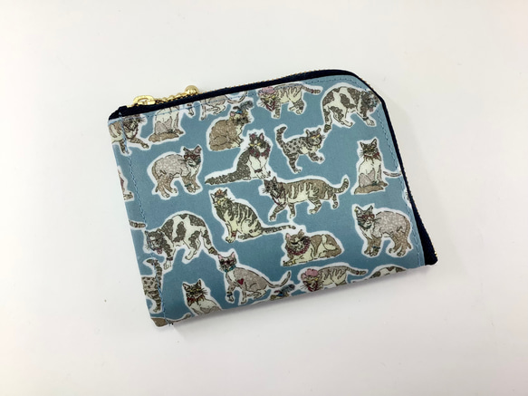 猫好きさんへ　ポケットL字ファスナー財布　リバティプリント　ビニコ　マチあり 1枚目の画像