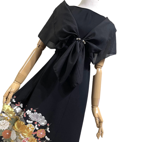 鶴・松刺繍＆箔置き正絹金彩黒留袖ワンピースM～L＆ギャザー