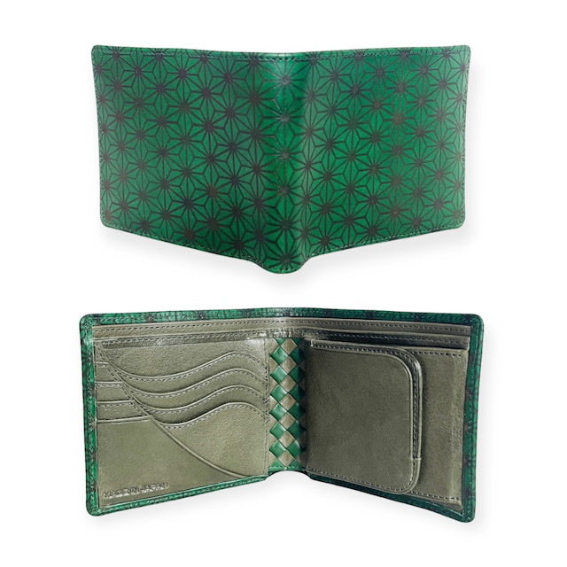 "名入れ可能"番外編"麻の葉紋様"アートウォレット イタリア産ブッテーロ<Green>×バローロ<Olive>
