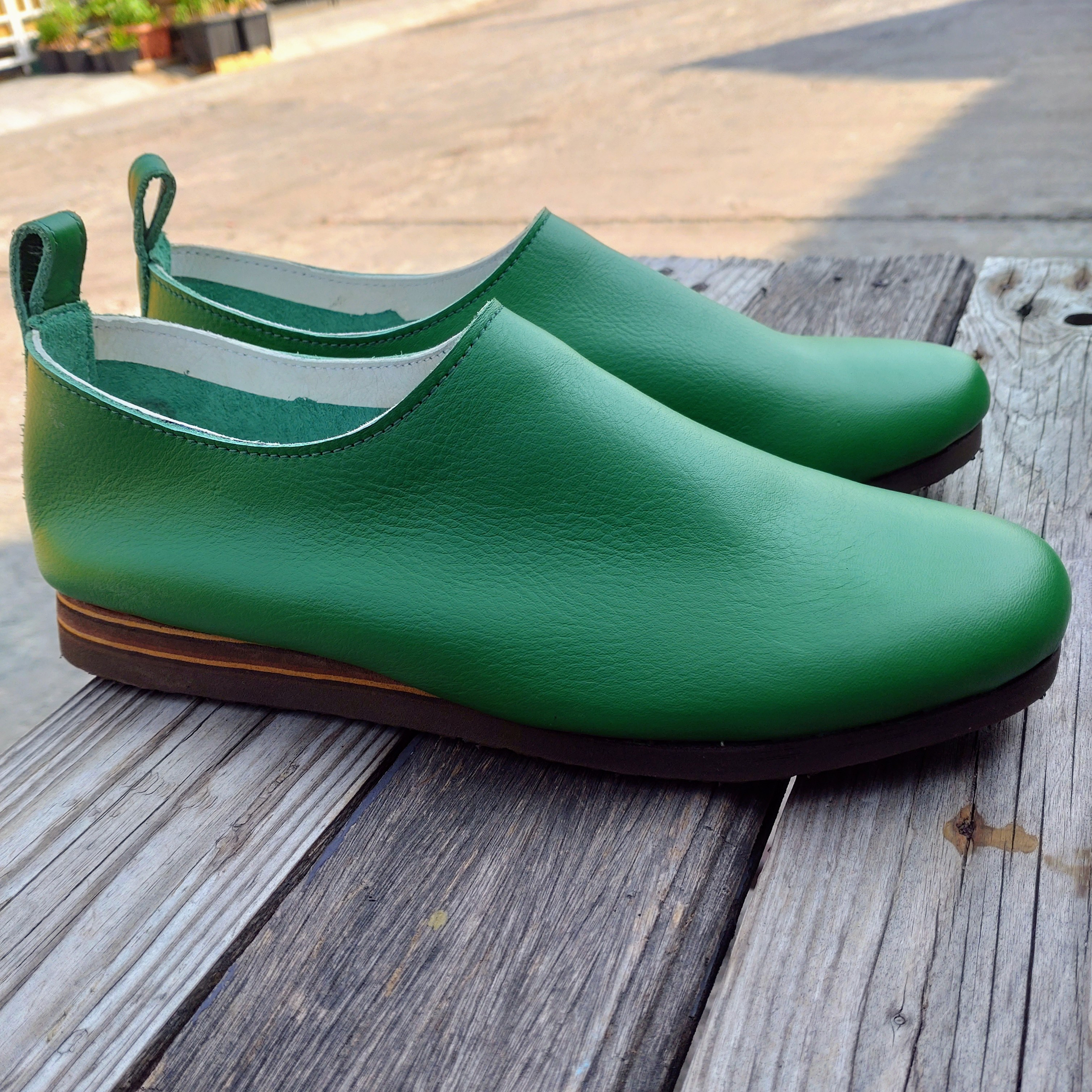 ★本革★柔らかく履きやすい★ぺたんこ靴★グリーン★フラット★サイズ無料調整★◇A02◇