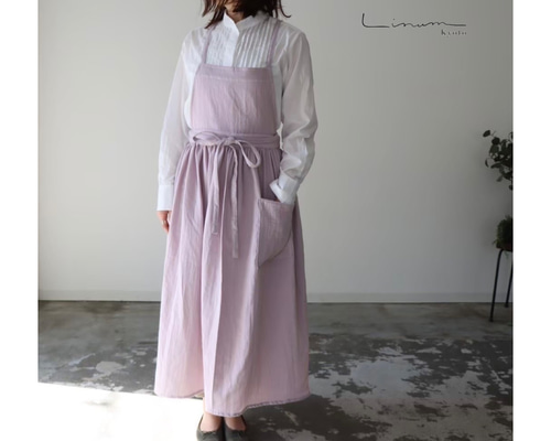 ＊ギャザーたっぷりエプロンワンピ/エプロンドレス/ダブルガーゼ/ハンドメイド＊ ふっくら厚さ2倍のとろみダブルガーゼのギャザーたっぷり