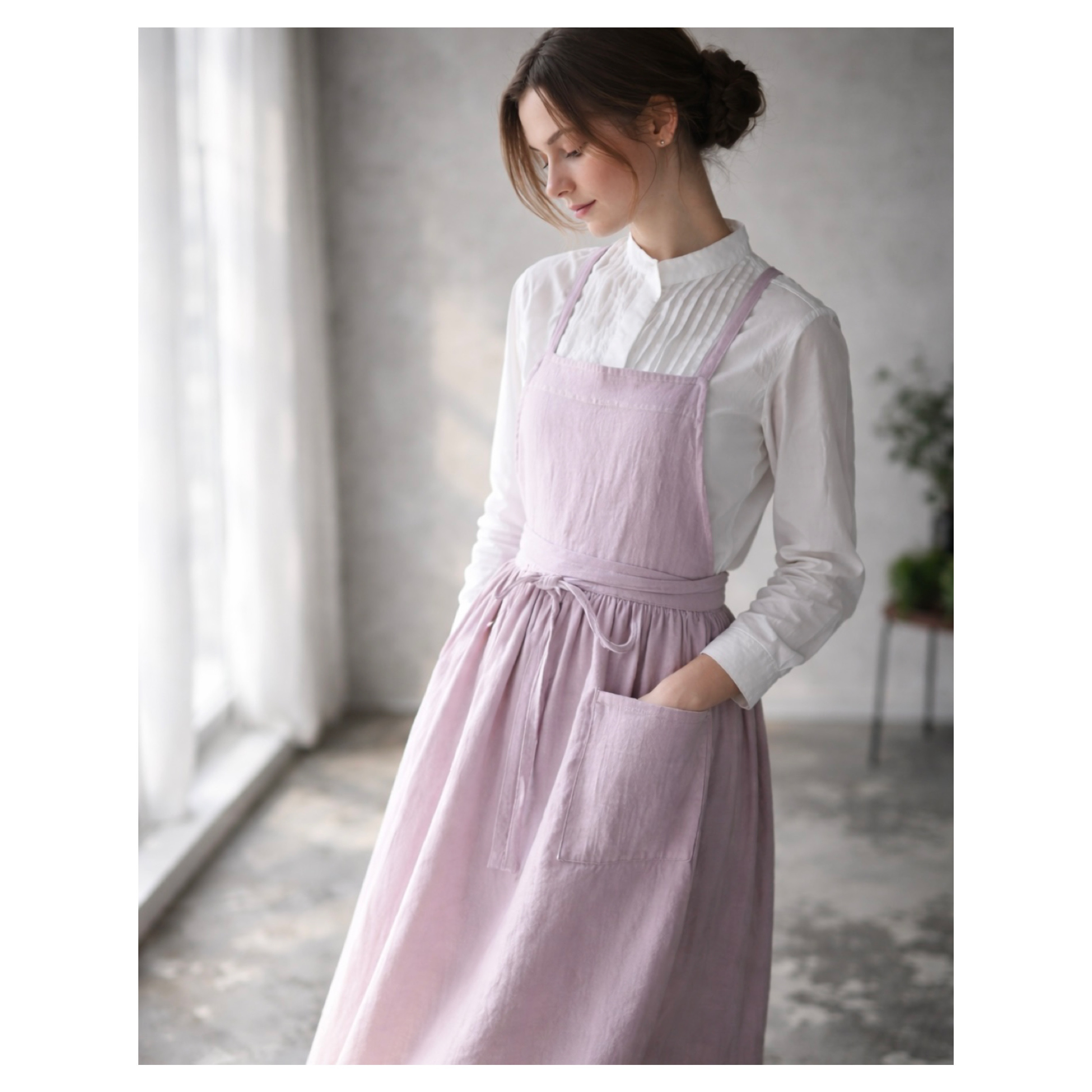 ふっくら厚さ2倍のとろみダブルガーゼのギャザーたっぷりエプロン／お出かけダブルガーゼエプロンワンピース／ドーンピンク