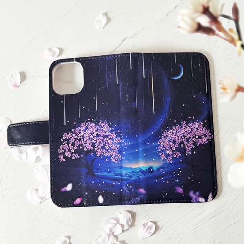 夜桜と流星群の景色 手帳型 iPhoneケース スマホケース 全機種対応