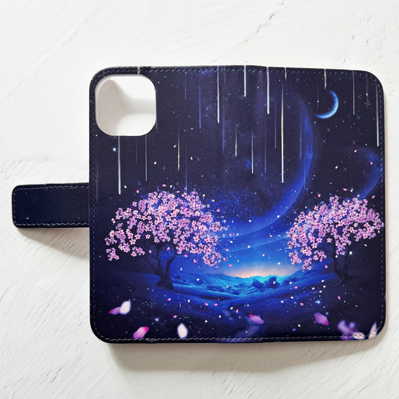 夜桜と流星群の景色 手帳型 iPhoneケース スマホケース 全機種対応 6枚目の画像