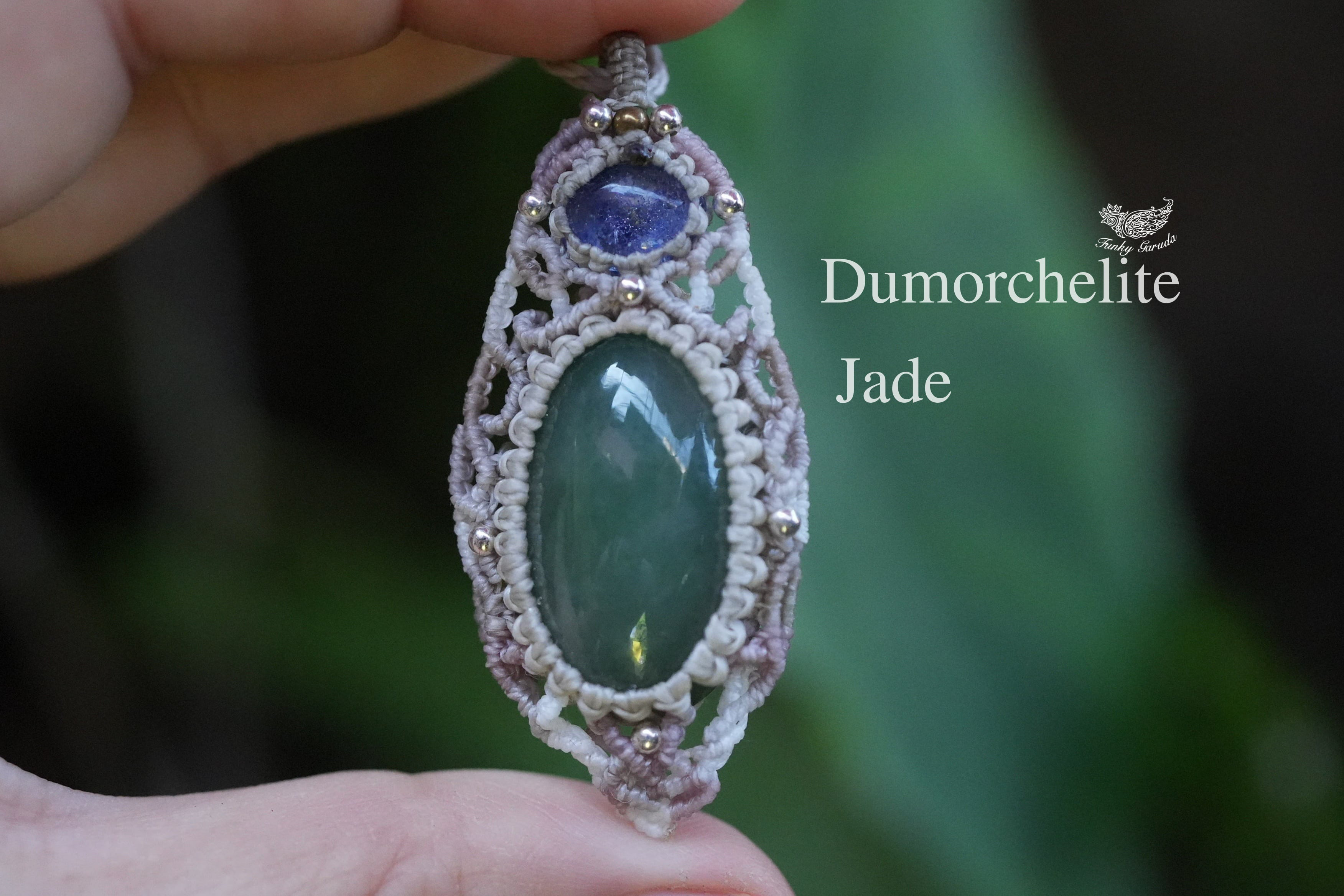 自然な蒼み★デュモルチェライト★ミャンマー本翡翠 マクラメネックレス1503