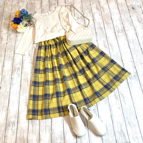 春♡播州織＊イエロー&ウルトラマリンブルーのツイルチェックスカート