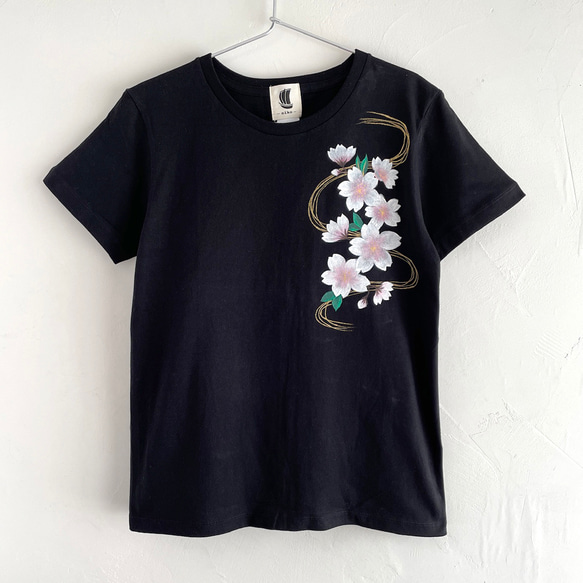 手描き波桜柄Tシャツ ブラック 夜桜 波文様 和風 春 7枚目の画像