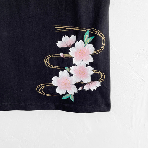 手描き波桜柄Tシャツ ブラック 夜桜 波文様 和風 春 Tシャツ