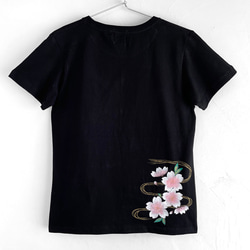 手描き波桜柄Tシャツ ブラック 夜桜 波文様 和風 春 9枚目の画像