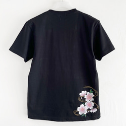 手描き波桜柄Tシャツ ブラック 夜桜 波文様 和風 春 3枚目の画像