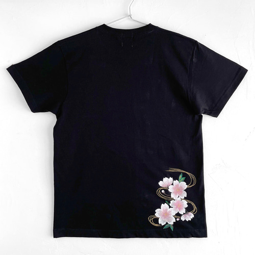 手描き波桜柄Tシャツ ブラック 夜桜 波文様 和風 春 Tシャツ