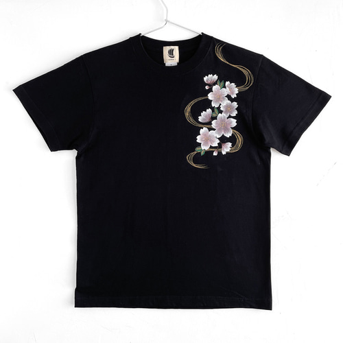 手描き波桜柄Tシャツ ブラック 夜桜 波文様 和風 春 Tシャツ
