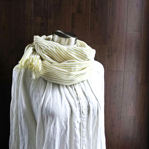 高品質比利時亞麻披肩 暗黃 x 白色條紋 第4張的照片