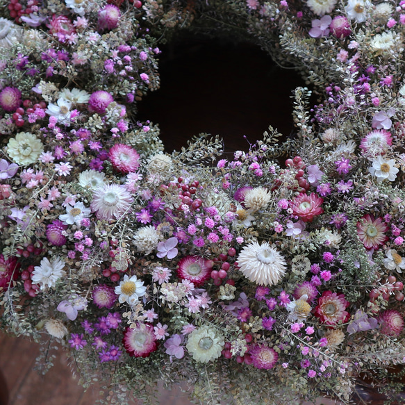 (50cm) ＊特大＊マメグンバイナズナとピンクの小花の春色お花畑リース/開店祝い 9枚目の画像