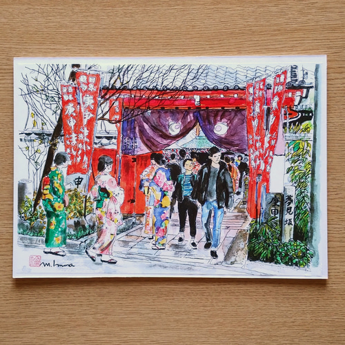A4サイズ「 京都 八坂庚申堂 新春」 京の水彩画工房 絵画 京の