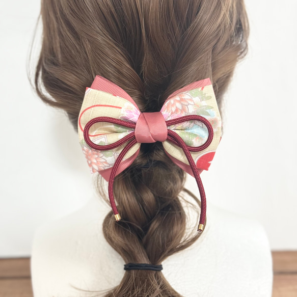 【オーダー♡和柄ダブルリボン】ヘアクリップ　ヘアピン　ヘアゴム　753 夏祭り 夏祭り】和柄リボン えんじ×ピンク 髪飾り 江戸組紐 七五三 お正月