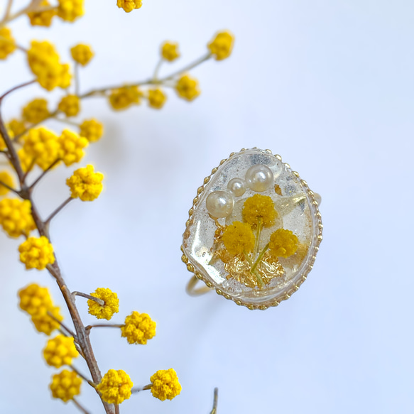 ミモザのアゲートスライスリング 【Agate mimosa】 サージカルステンレス SUS316L パール 金箔 6枚目の画像