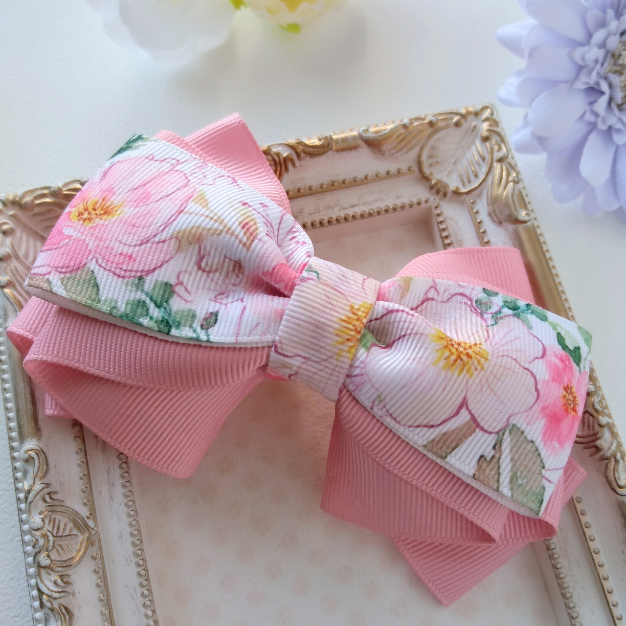 花柄ピンク＊リボンバレッタ バレッタ fraise croustillante