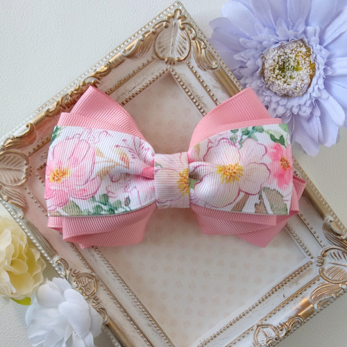 グログランリボン　花柄が綺麗❣️ バレッタ製作　ルルベちゃんスカートなどに 花柄ピンク＊リボンバレッタ バレッタ fraise croustillante 通販