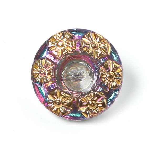 1.4cm 小さなお花柄のガラスボタン ピンクパープル＆グリーン 1枚目の画像