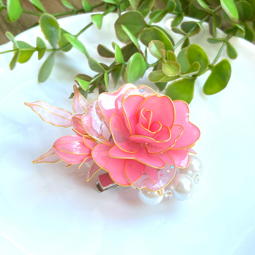 薔薇とパールのコサージュ《Pink》① ＊2way ＊ヘアクリップ