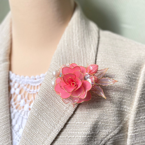 薔薇とパールのコサージュ《Pink》① ＊2way ＊ヘアクリップ