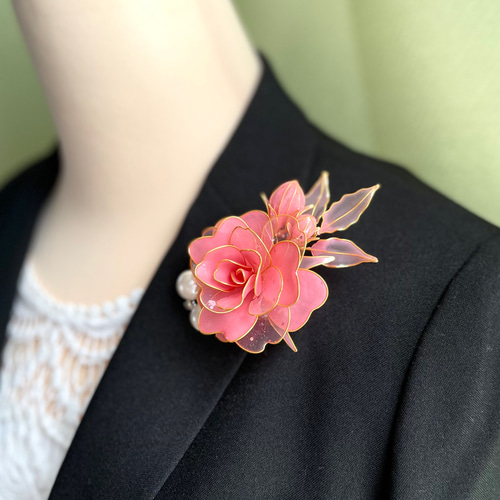 薔薇とパールのコサージュ《Pink》① ＊2way ＊ヘアクリップ