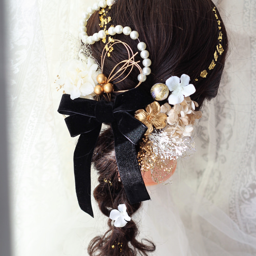 ベロアリボン☆パールチェーン ヘッドパーツ ドライフラワー成人