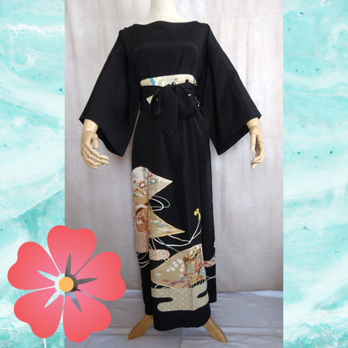 d9 マキシ丈ドレス サッシュベルト付き 着物リメイク 黒留袖