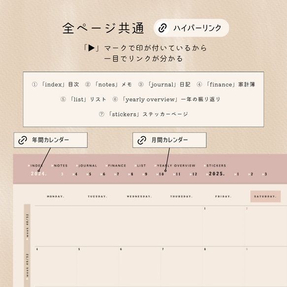 【4月はじまり】2024年デジタルプランナー『くすみピンク』（ウィークリー４タイプ）／年間・マンスリー／iPad 3枚目の画像