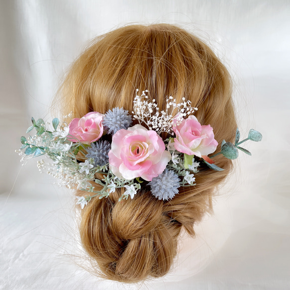 ピンク　ウエディング　ブライダル　ヘッドドレス　造花　カラードレス　振袖　和装　成人式　髪飾り　フラワー　色打掛　結婚式 3枚目の画像