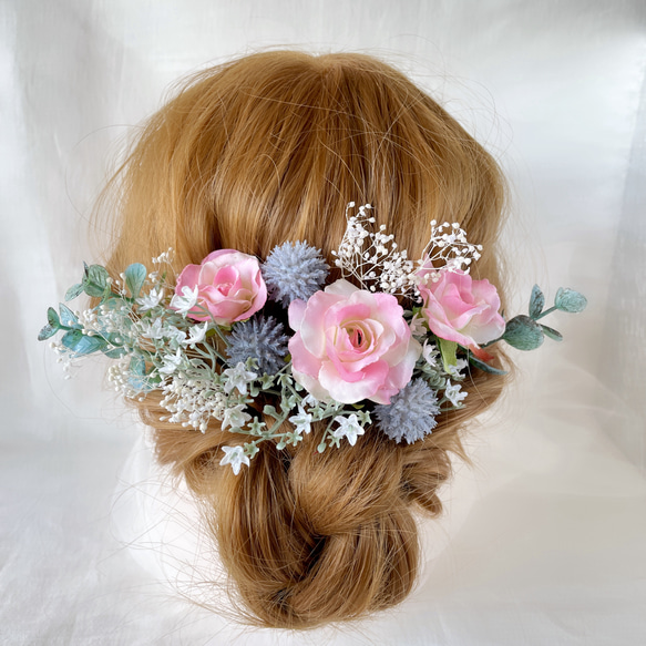 ピンク　ウエディング　ブライダル　ヘッドドレス　造花　カラードレス　振袖　和装　成人式　髪飾り　フラワー　色打掛　結婚式 1枚目の画像