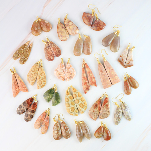 専用】グリーンフォッシルコーラル 2-3.5億年前の有機宝石 耳飾り