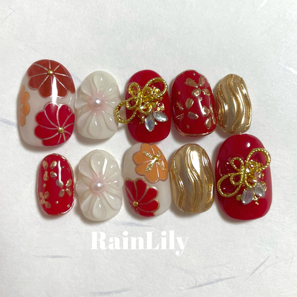 サイズオーダー制】和柄ネイル 成人式 振袖ネイル 袴ネイル 卒業式 赤  