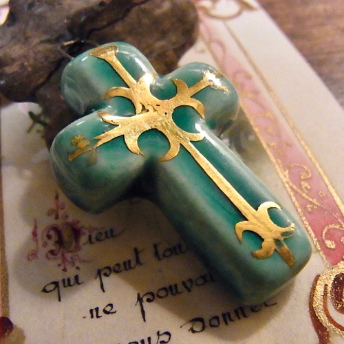 フランス ヴィンテージ 陶器 クロス 十字架 ペンダントトップ グリーン