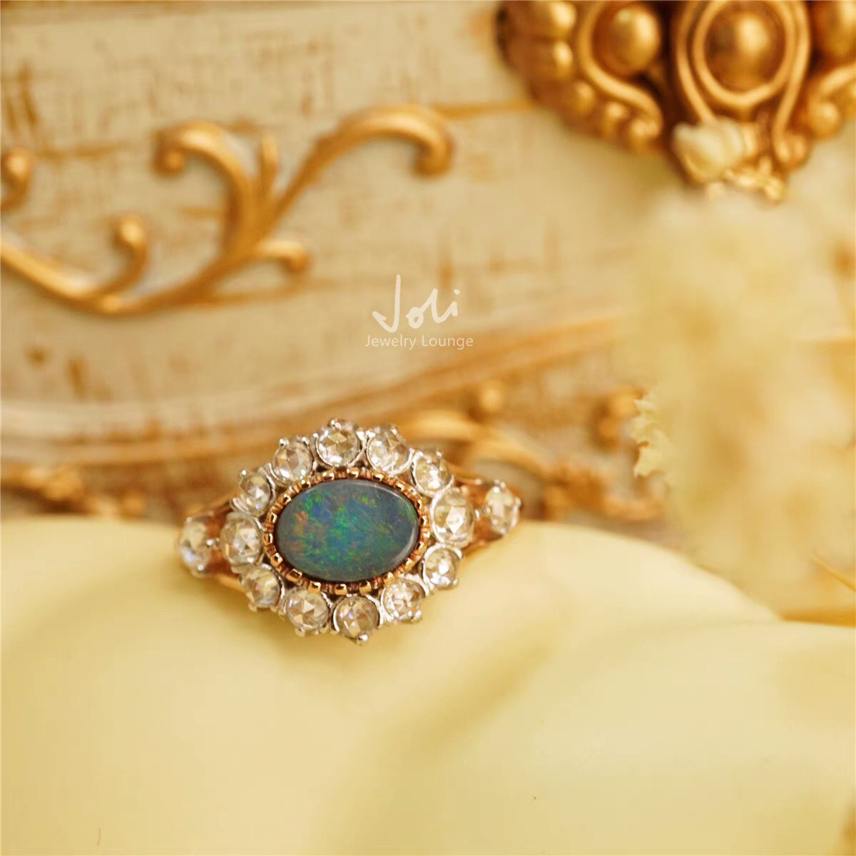 【フォンテーヌブロー】天然ブラックオパール キラキラ リング レトロ ゴージャス フラワー 花 フレンチ 指輪 オーロラ