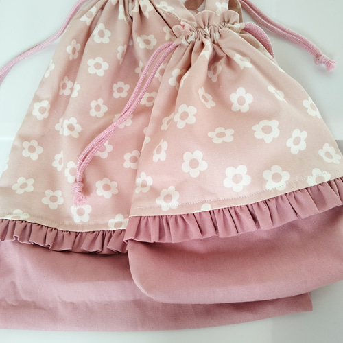 入園入学3点セット フラワーくすみピンクフリル 上靴いれ 体操服