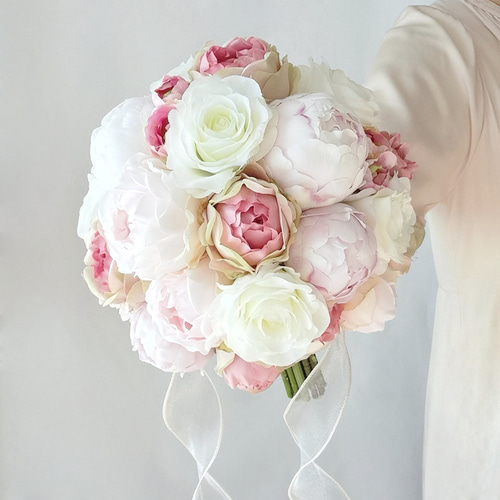 ピンクローズとピオニーのウェディングブーケ&ブートニア  