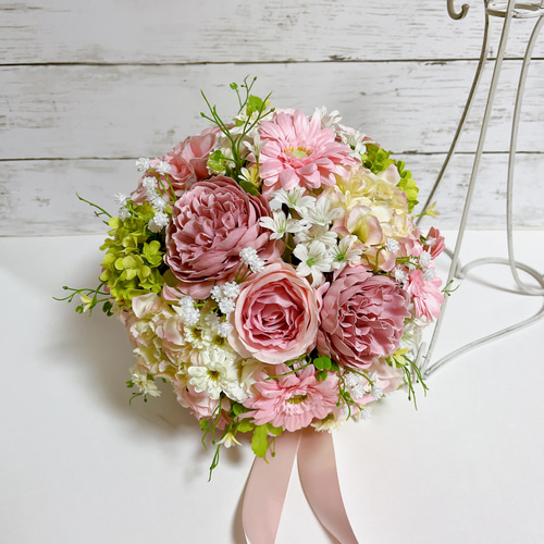 ピンク系バラとガーベラの彩りウェディングブーケ アーティフィシャル