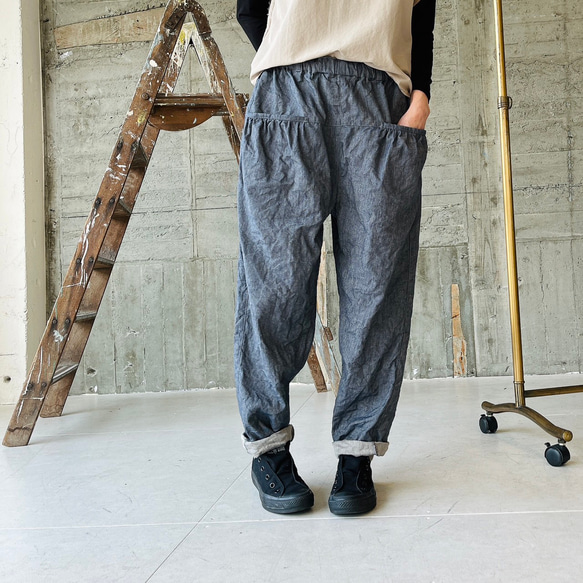 cotton / linen 大人サルエルパンツ  ポケットギャザー 4枚目の画像