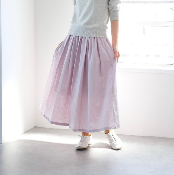 ふんわり柔らかダブルガーゼのギャザースカート/藤桜 6枚目の画像