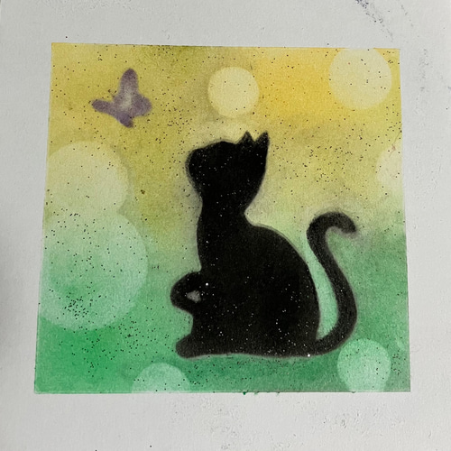 猫と蝶々アンティーク絵画 黒猫と蝶々 アートポスター オリジナルイラスト A4/B4/A3