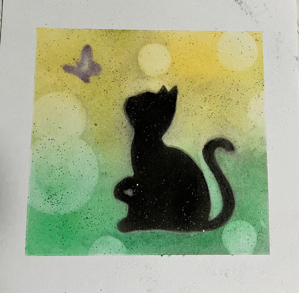 パステルアート【蝶を見る黒猫】10×10サイズ その他アート みい