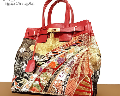 （709-4）着物帯を使ったバッグ SOLD◇30サイズ◇着物帯と本革のリメイクバッグ◇remake.829 日本職