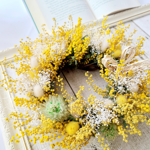 Natural＊ミモザとイエローリース ＊ドライフラワーリース Natural