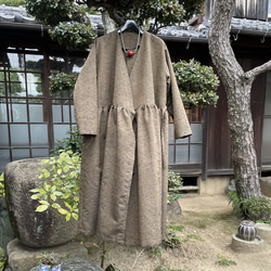 【着物リメイク】絹のカシュクールワンピース/ひげ紬/ギャザー切り替え 9枚目の画像
