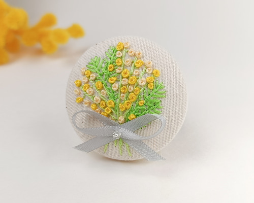 受注制作】ミモザの花束刺繍ブローチor刺繍ヘアゴム 入学式 卒園 母の